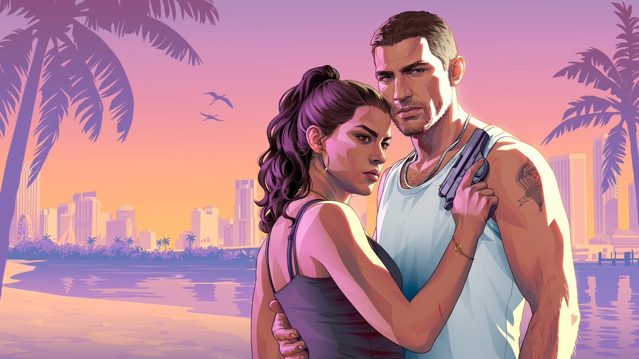 Illustrated official GTA VI artwork of Lucia and Jason standing close together on a waterfront at sunset, a city skyline behind them.