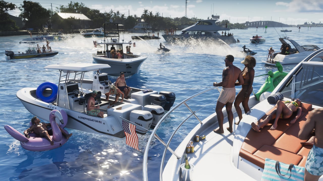 Official GTA VI screenshot of a Leonida Keys boat party: speedboats, jet skis and people on a yacht deck on bright blue water.